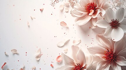 White flower petals.Valentine's Day banner with space for your own content. White background color. Blank field for the inscription.