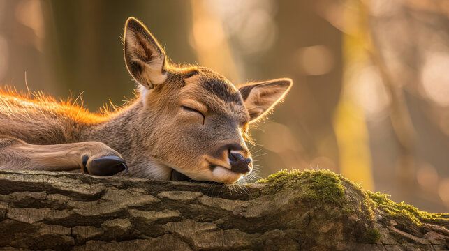  a close up of a deer laying on top of a tree trunk with its eyes closed and it's head resting on the trunk of a log in the woods.
