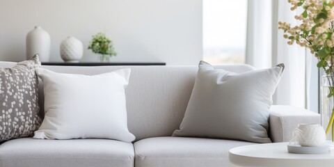 Cup on coffee table, blurry background, graphic pillows on gray sofa in white living room interior.