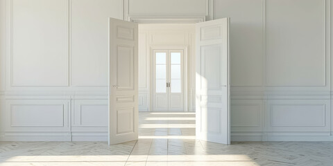 Fototapeta premium Sunlit Open Door in Elegant Interior. Open doorway inviting with natural light casting shadows on a classic herringbone floor in a serene room, copy space, minimal style concept.