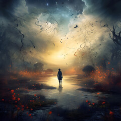 a person standing in the water, in the style of surrealistic fantasy landscapes, dark orange and light black