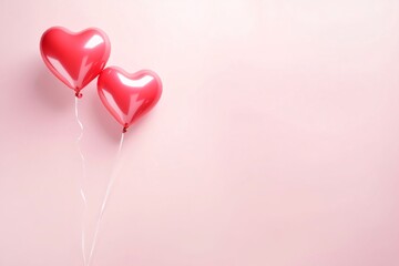Two red heart-shaped balloons on a string.Valentine's Day banner with space for your own content. White background color. Blank field for the inscription.