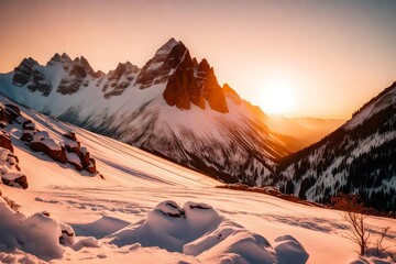 A snow-covered mountain peak bathed in the warm hues of a sunrise or sunset