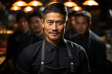 Fototapeta premium Mentorship in Motion: The Asian Chef Stands Before His Team, Sharing His Knowledge and Passion for Culinary Excellence