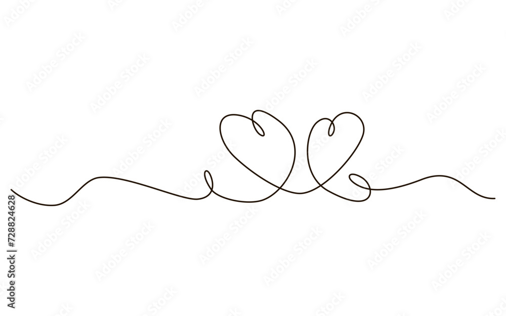 Wall mural two hearts continuous one line symbol drawing. love romantic icon in simple linear doodle style vect