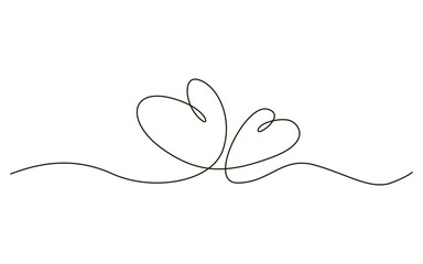 Two hearts continuous one line symbol drawing. Love romantic icon in simple linear doodle style vector illustration with editable stroke. Design for wedding festive card