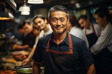 Fototapeta premium Mentorship in Motion: The Asian Chef Stands Before His Team, Sharing His Knowledge and Passion for Culinary Excellence