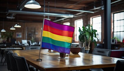 Rainbow Flag on Wooden Table - obrazy, fototapety, plakaty