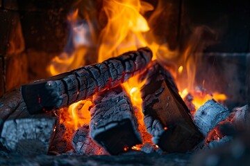 Close-up of fireplace flames in a captivating close-up of warmth and vivacity. Wood crackling and sparking in a refuge from the cold. Comfort of the fireplace on freezing days.