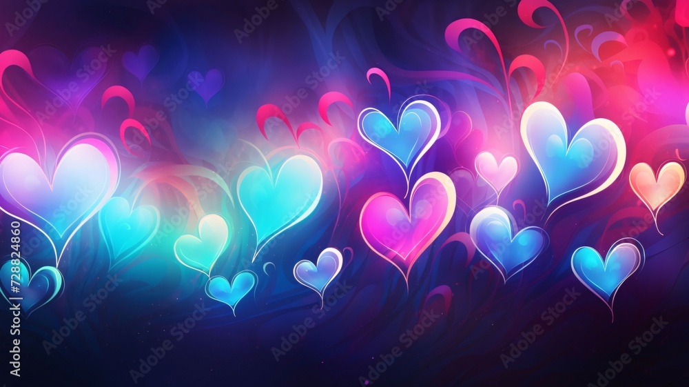 Wall mural Colorful glowing hearts on a dark background.Valentine's Day banner with space for your own content. White background color. Blank field for the inscription.