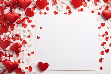 White blank card around Scattered, red white hearts conference. Heart as a symbol of affection and love.