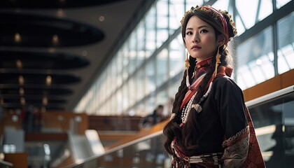 Woman in Oriental Dress Standing at Airport