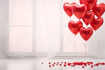 Red balloons in the shape of hearts around scattered rose petals transparent curtain in the background.Valentine's Day banner with space for your own content. 