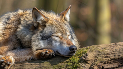  a close up of a wolf laying on a tree branch with it's head resting on it's paw and it's head resting on a log.
