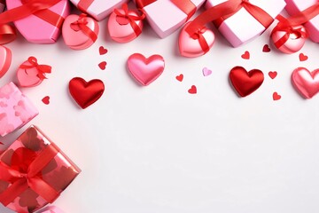 Top view of red hearts and pink and red gifts with ribbons bows.Valentine's Day banner with space for your own content. White background color. Blank field for the inscription.