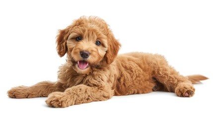 Adorable red abricot Labradoodle dog puppy, laying down side ways, looking towards camera with shiny dark eyes. Isolated on white background. Mouth open showing pink tongue.