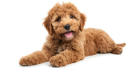 Adorable red abricot Labradoodle dog puppy, laying down side ways, looking towards camera with shiny dark eyes. Isolated on white background. Mouth open showing pink tongue.