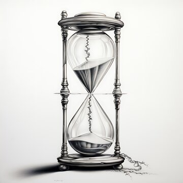 An artistic rendering of a traditional hourglass with a unique twist, featuring cracked glass and sand spilling into an intricate pattern.