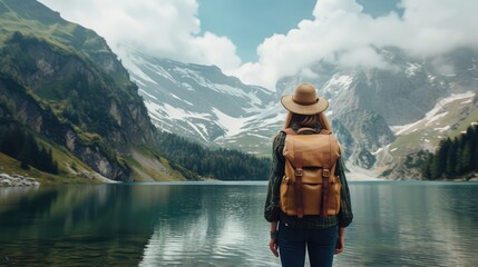 Adventure backpacking woman enjoying view of majestic mountain lake explore travel discover beautiful earth - obrazy, fototapety, plakaty