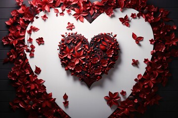 Red heart with ornaments in the shape of leaves and twigs in the middle of a large heart with a frame. Heart as a symbol of affection and love.