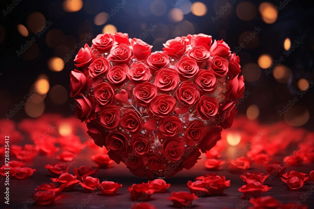 Wall mural Red heart made of rose petals, scattered petals all around, bright bokeh effect in the background.Valentine's Day banner with space for your own content.