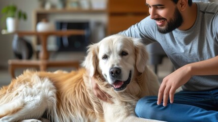 Best friend concept. Millennial Arab man scratching his dog on floor at home, selective focus. Young Eastern guy playing with his adorable pet, spending time