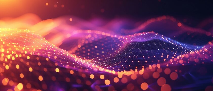 a high-tech background with a digital mesh network design in Lemon Yellow  and Violet gradients, suited for a cybersecurity application's user interface.	