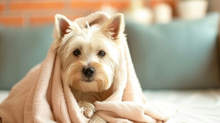 Cute West Highland White Terrier dog after bath. Dog wrapped in towel. Pet grooming concept. Copy Space. Place for text