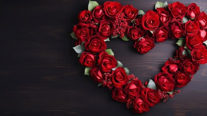 Heart arranged with red rose flowers. Top view wooden background.Valentine's Day banner with space for your own content.