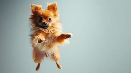 Dog jumping in the air, small orange fluffy dog on isolated backgroun, animals, pet, hungry, playing, puppy wanting food, puppy - obrazy, fototapety, plakaty