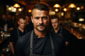 Fototapeta premium Team Unity: The White Chef Stands Before His Team, Fostering Collaboration and Creativity in the Culinary Workspace