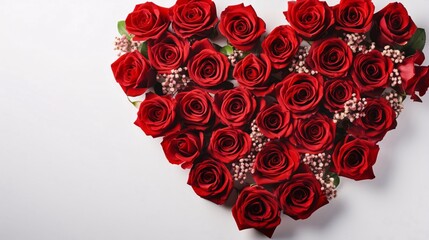 Big heart with red rose flowers, light background.Valentine's Day banner with space for your own content.