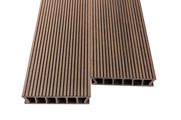 Colored Wood plastic composite patio decking boards isolated on white background