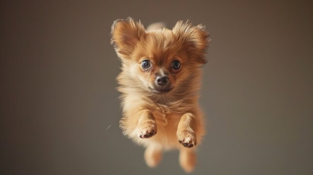 Dog jumping in the air, small orange fluffy dog on isolated backgroun, animals, pet, hungry, playing, puppy wanting food, puppy