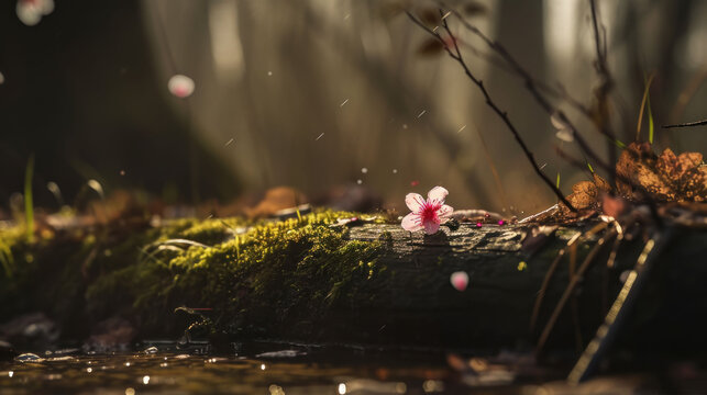  a small pink flower sitting on top of a moss covered log in the middle of a forest with drops of water on the ground and a mossy surface in the foreground.