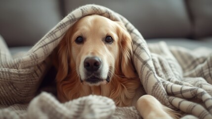 Happy smiling young golden retriever dog under light gray plaid. Pet warms under a blanket in cold winter weather. Pets friendly and care concept.