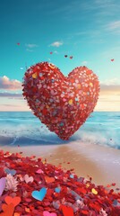 Colorful heart made of paper and flowers on the beach. Heart as a symbol of affection and love.