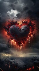 Fototapeta na wymiar Black burning heart against a stormy sky. Heart as a symbol of affection and love.
