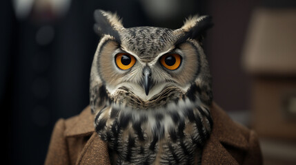 Owl Detective in Trench Coat Pondering a Mystery