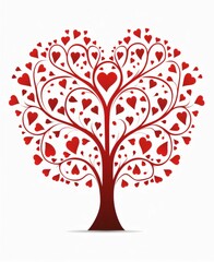 Silhouette of a red tree with hearts instead of leaves. Heart as a symbol of affection and love.