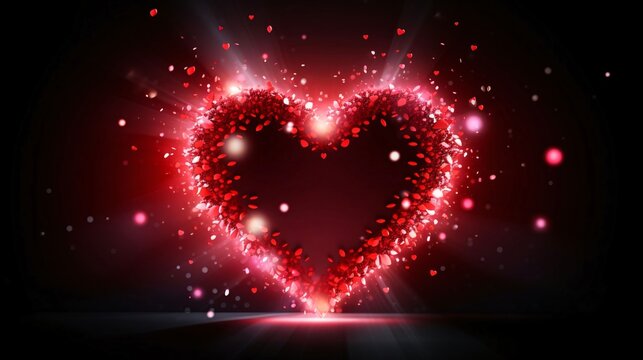 Red diamond heart with sparkles of light on a dark background of dust particles.Valentine's Day banner with space for your own content.