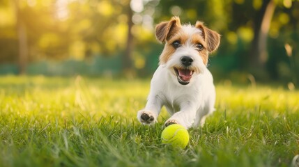 Playful happy pet dog puppy running in the grass and playing with a tennis ball. Web banner with copy space.