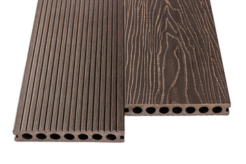 Colored Wood plastic composite patio decking boards isolated on white background