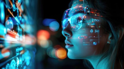 portrait of a woman with virtual reality projections of digital icons around her face