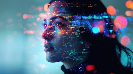 portrait of a woman with virtual reality projections of digital icons around her face