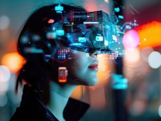 portrait of a woman with virtual reality projections of digital icons around her face