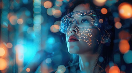 portrait of a woman with virtual reality projections of digital icons around her face