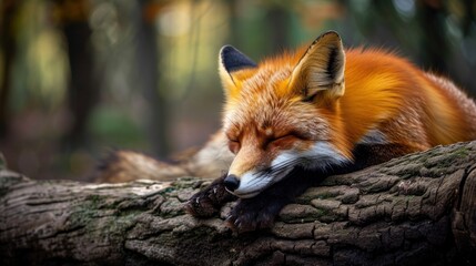 Fototapeta premium a close up of a fox sleeping on a tree branch with its eyes closed and it's head resting on the branch of a tree in a wooded area.