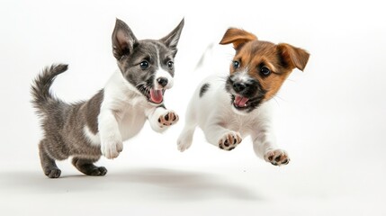 Fototapeta na wymiar Portrait of jumping, happy puppy of Jack Russell Terrier and grey cat on white background. Free space for text. Wide angle horizontal wallpaper or web banner.