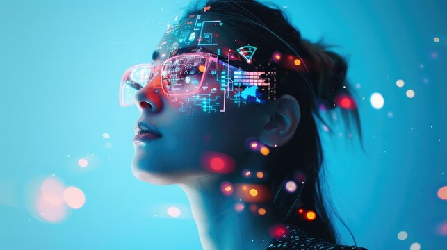 portrait of a woman with virtual reality projections of digital icons around her face